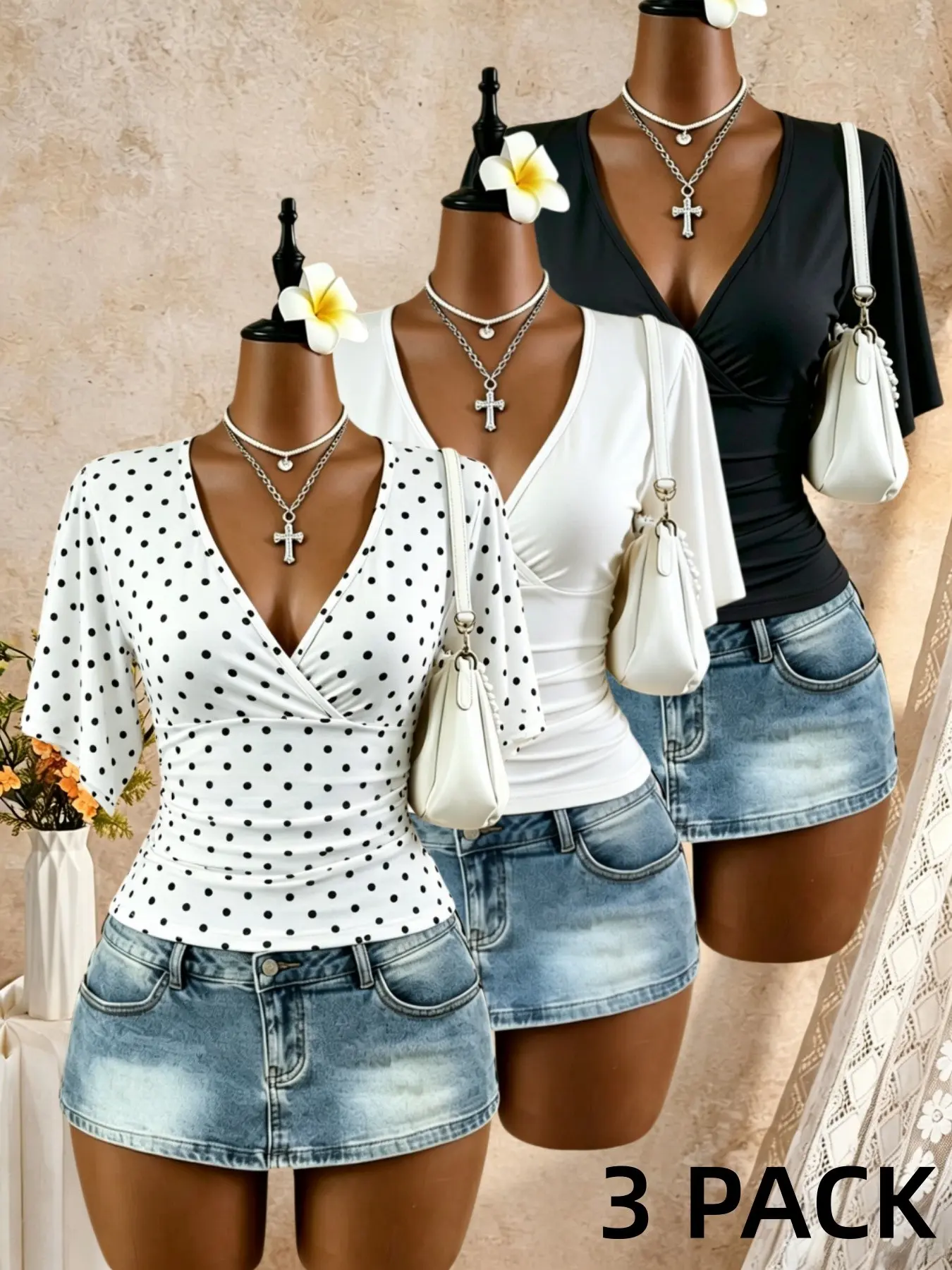 Women's Elegant V Neck Ruffle Sleeve Top, Slim Fit Casual T-Shirt Set, Perfect for Beach and Office, Three-Piece