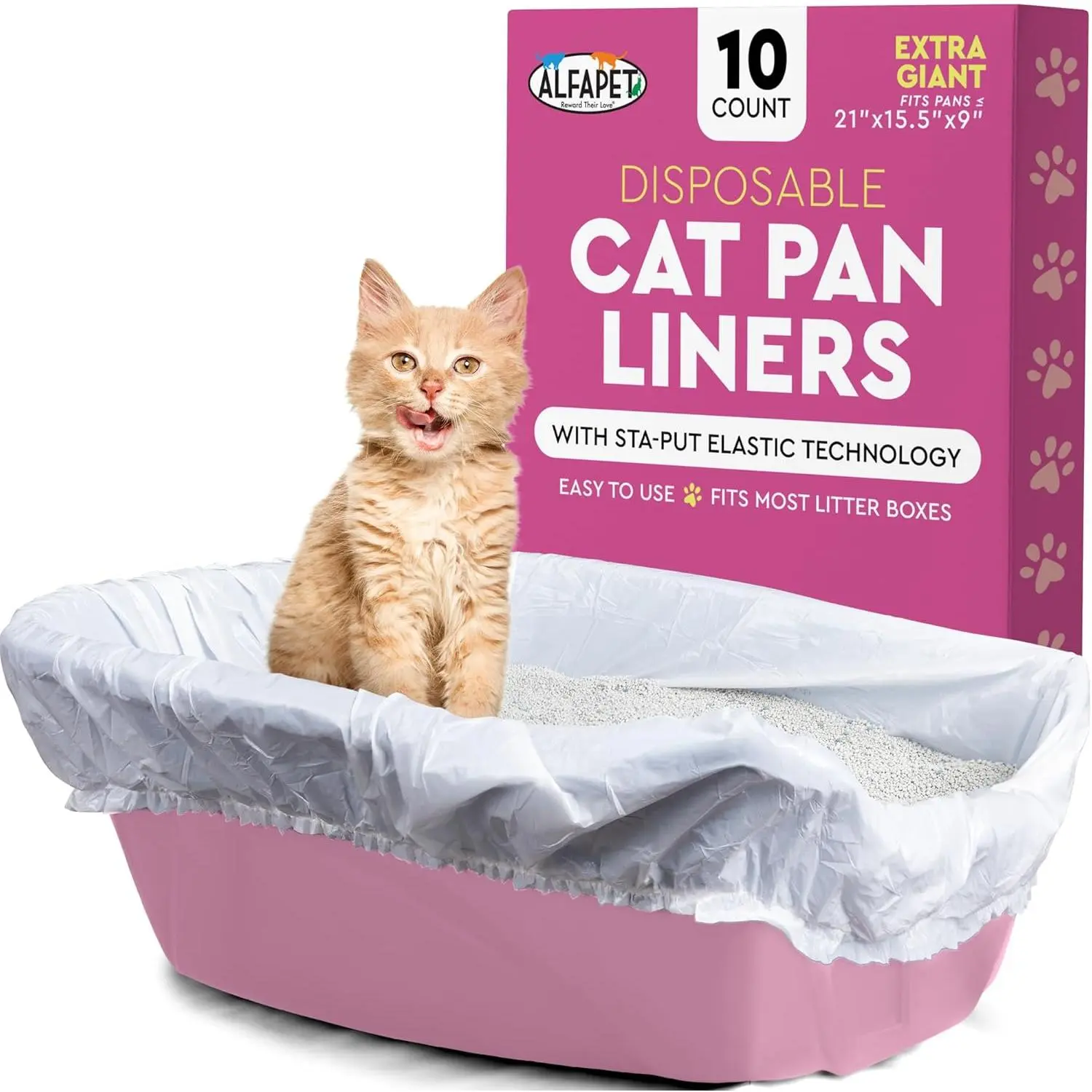 Alfapet Elastic Cat Litter Box Liners - Extra Giant 10 Count - Tear-Resistant Cat Litter Bags - Waterproof Kitty Litter Liners - Fits Litter box Pan Sizes XL, Giant, X-Giant, 37" x 18", 20 lb Capacity