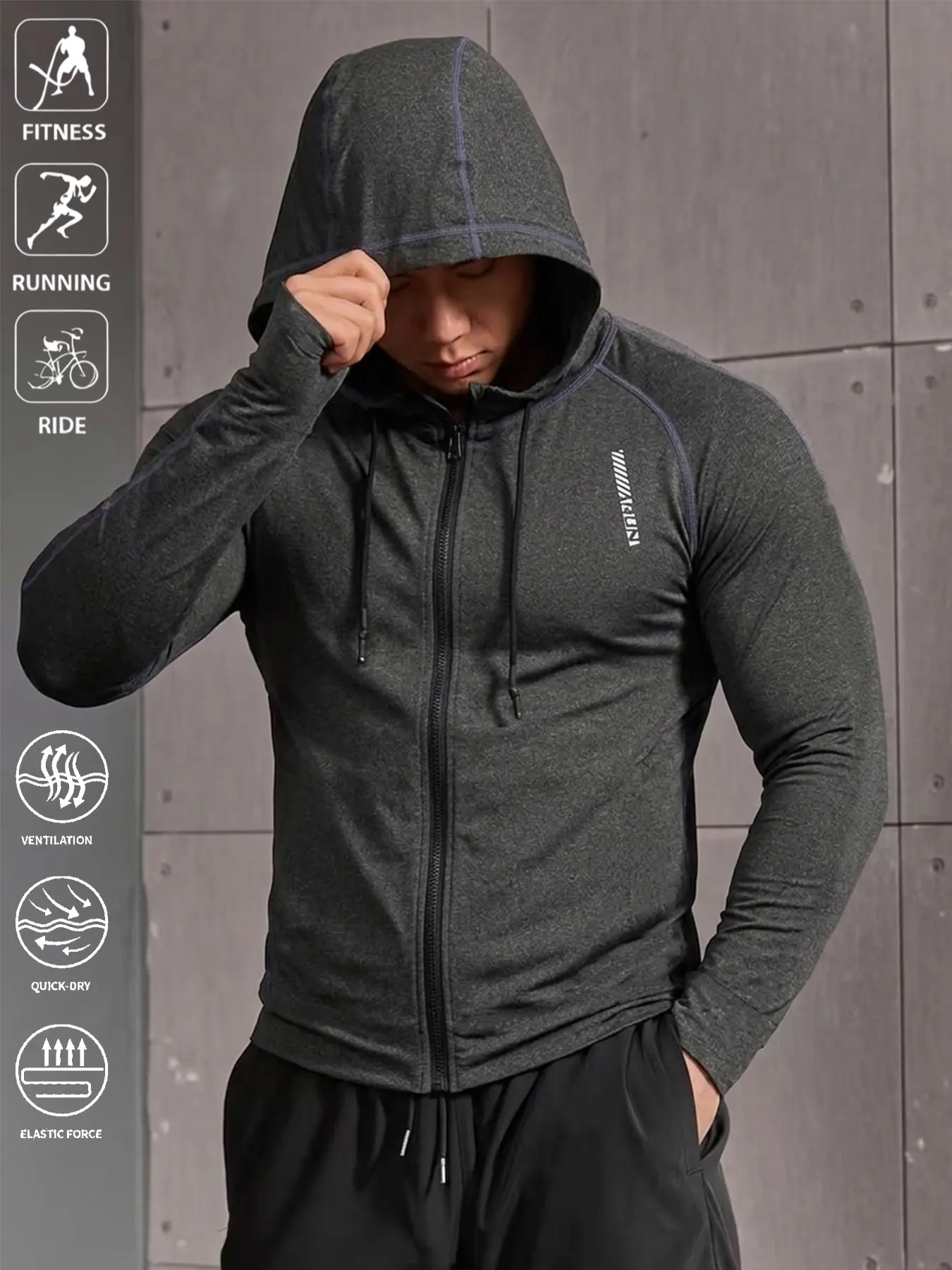 Men's Full-Zip Hooded Athletic Jacket, Outdoor Sports Jacket, Muscle Slim Fit Quick-Dry Breathable Casual Top, Versatile Outerwear for Light Outdoor & Street Style, Slim Training Sweatshirt, Ideal for Running, Cycling, Gym Workouts, Daily Commutes