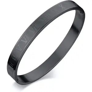 Rose  Plated Bracelets for Men Women Roman Numeral Bangle Bracelet Stainless Steel Personalized Engraved Unisex  (Black 8mm Mens)