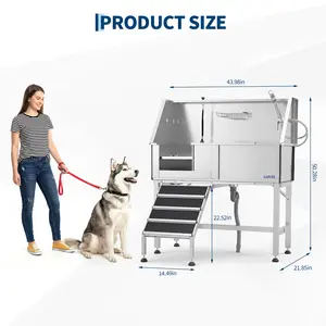 46" Stainless Steel Dog Washing Station with Walk-In Ramp – Brushed Finish, Left Door Access – Professional Grooming Bathtub for Dogs