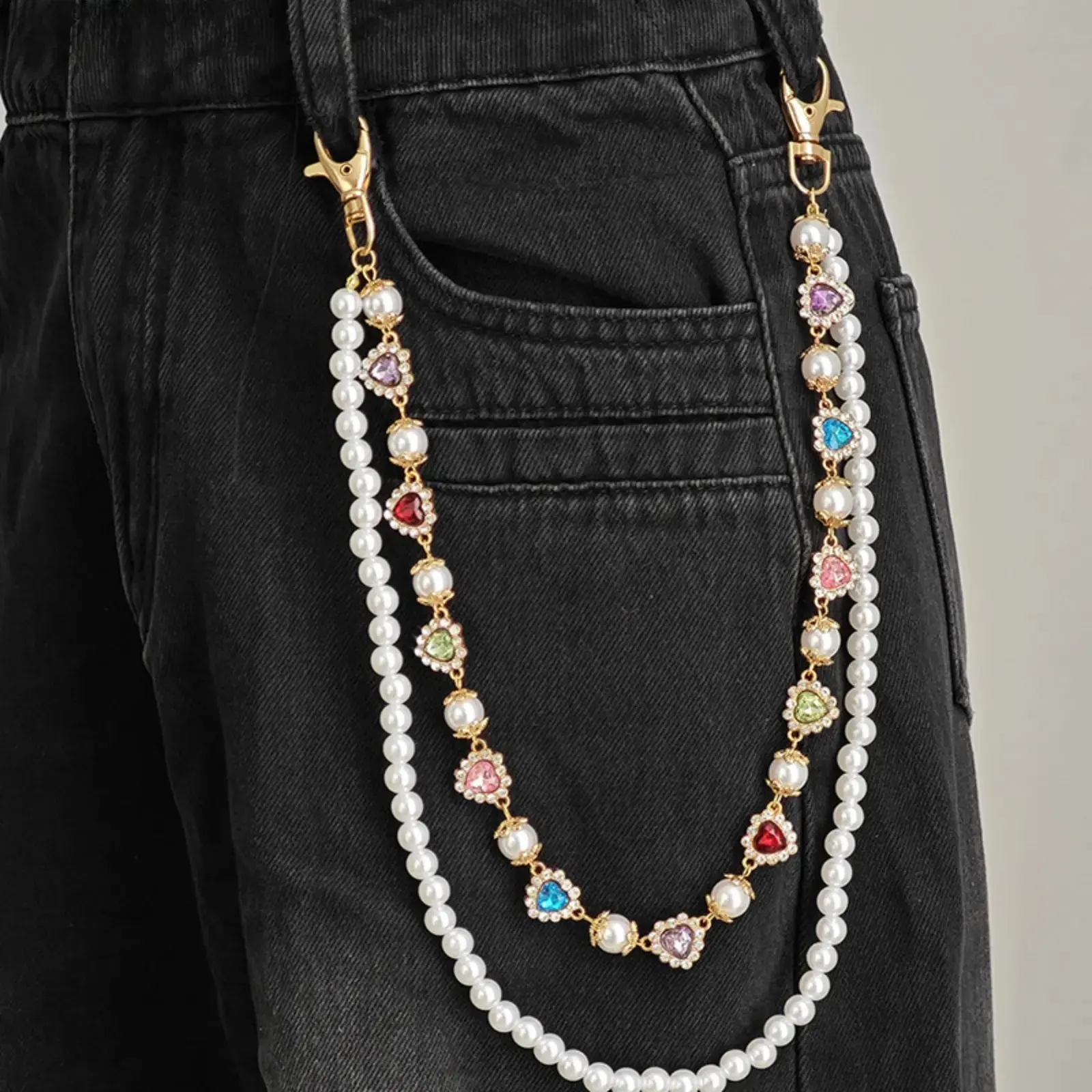 Gothic Cross Pants Chain for Men Women, Double Layer Gold Pearl Wallet Chain with Denim Jeans Clip, Y2K Hip Hop Streetwear Accessories for Keys, Wallet, Cargo Pants, Festival & Daily Fashion Style tiktokshopbacktoschool