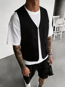 Men's Casual V-Neck Suit Vest, Slim Fit Sleeveless Backless Top, Pure Basic Style, Lock Edge Sewing, Single Button + Side Pocket Design