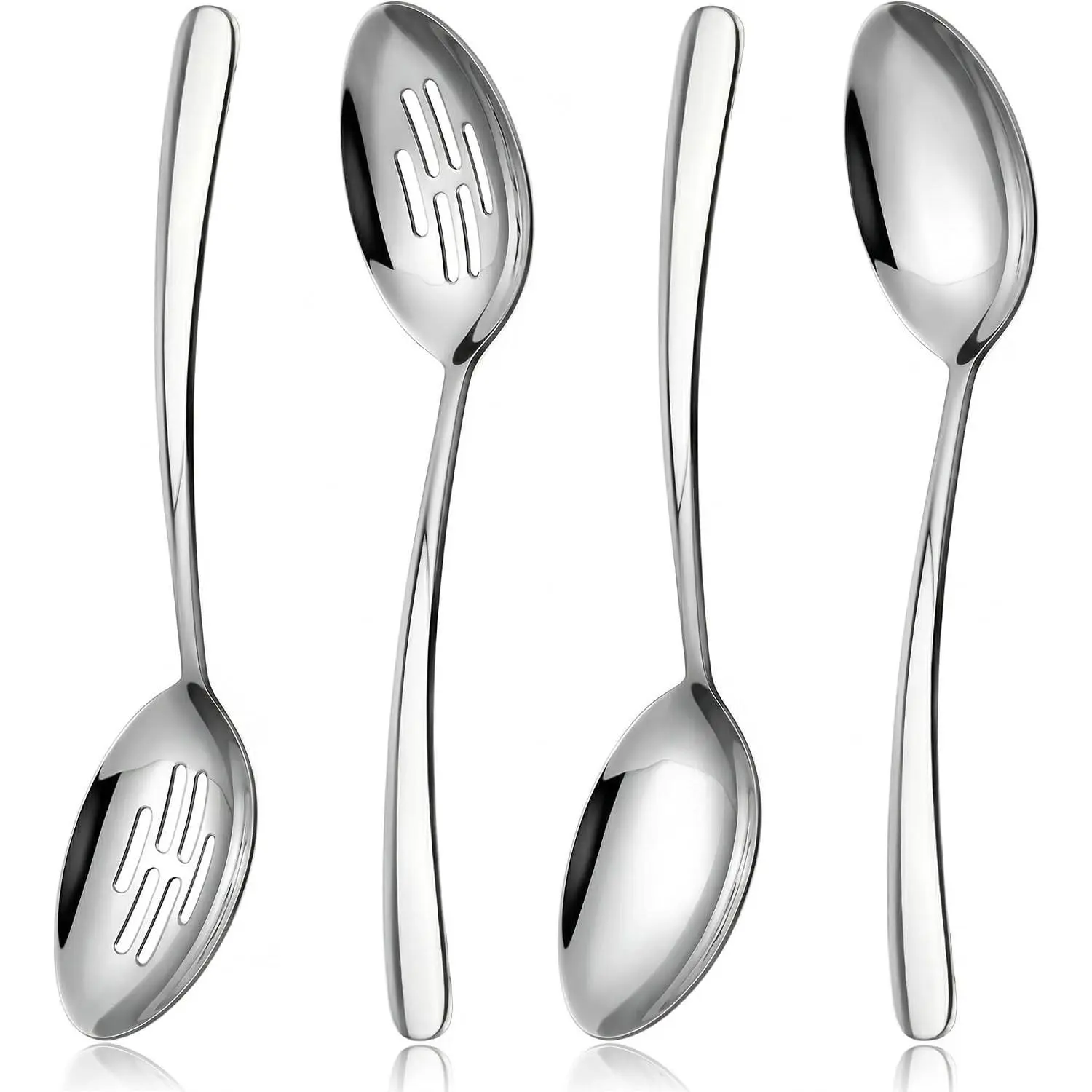 10.3-in Thick Metal Cutlery Serving Spoons Set, 18/0 Stainless Steel Heavy Duty Tableware, 2 Serving & 2 Slotted Spoons for Wedding Party Buffet, Pack of 4