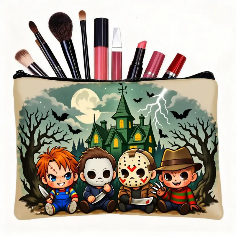Cute Chibi Horror Characters Print Zipper Makeup Pouch, 5.91 X 8.66 Inches Polyester Travel Cosmetic Bag, Portable Storage Pouch for Daily Use And Travel, Spooky Halloween Themed Toiletry Organizer