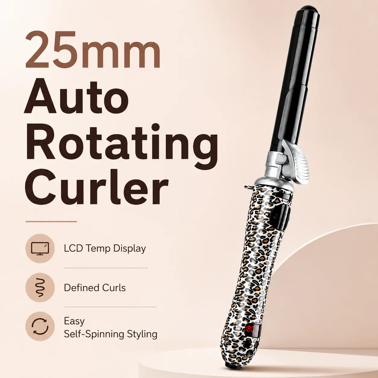 25mm Automatic Rotating Hair Curler with LCD Temperature Display, Self-Spinning Electric Curling Wand for Defined Curls, Soft Beach Waves and Long-Lasting Styling, Easy Hair Styling Tool for Home, Travel and Salon Use