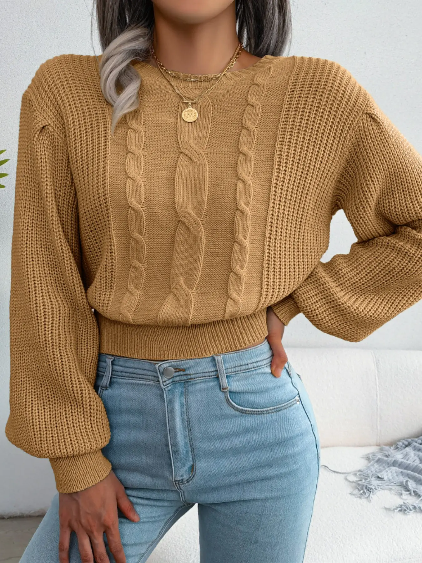 Women's Fall Winter Round Neck Solid Color Waist Cinch Casual Long Sleeve Pullover Sweater, Comfortable and Stylish Ladies' Top, Cinched Waist Pullover
