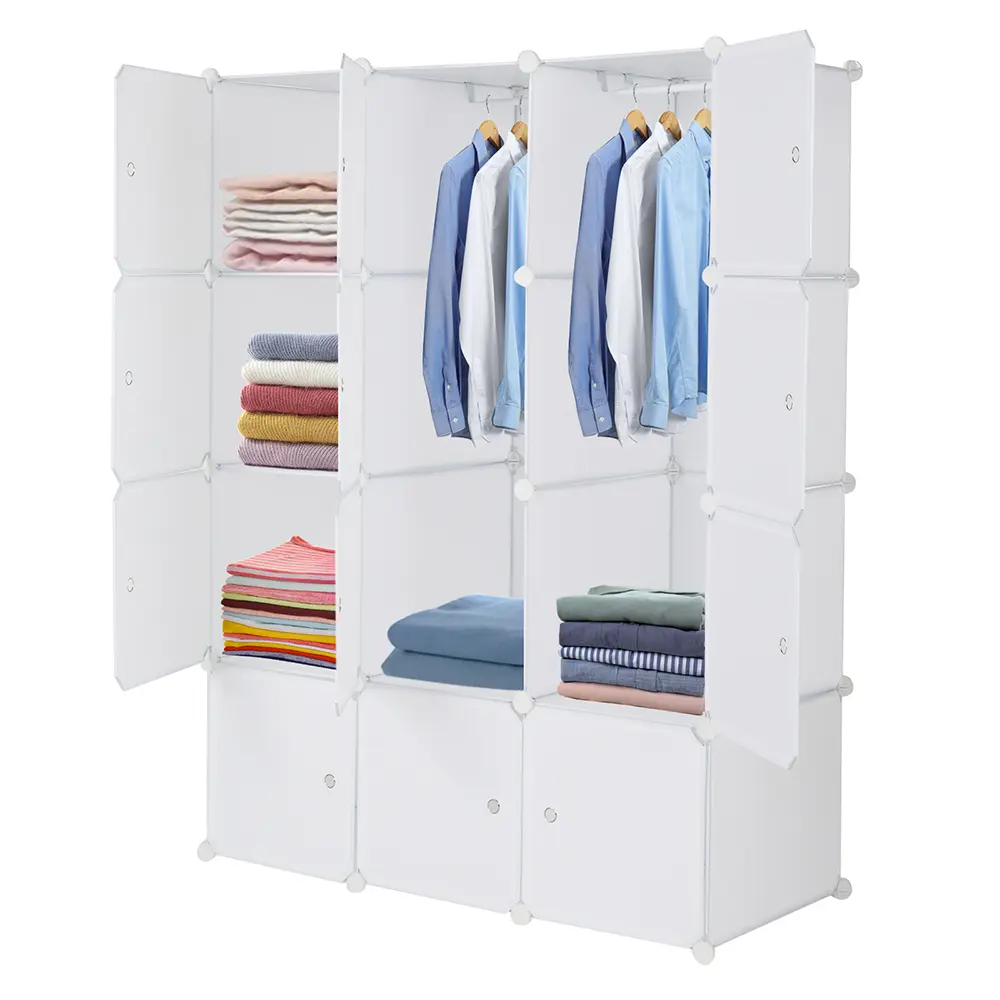 White 12-Cube Interlocking Plastic Wardrobe - Stackable Modular Closet Shelving with Hanging Rod, Closet Storage, (105 x 45 x 140) cm Child-Friendly Multifunctional Cabinet for Kids Room, Entryway