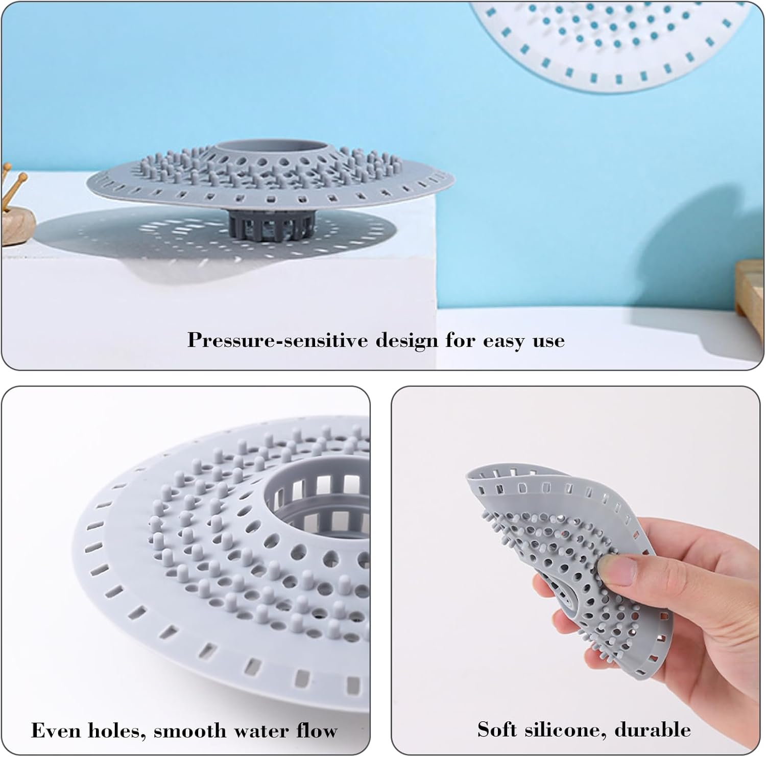 Silicone Bathtub Drain Hair Catcher – 3PCS Shower Drain Protector for 1.48" to 1.76" Regular Drains – Easy-to-Clean and Reusable Grey