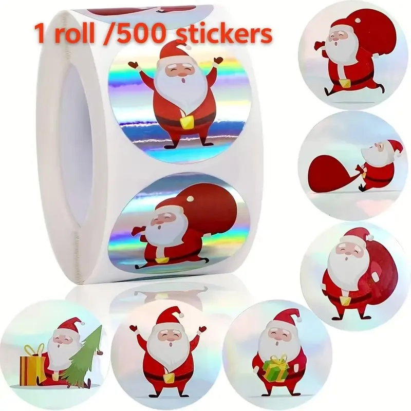 1 roll /500 stickers laser Santa Claus stickers Santa Claus silver self-adhesive graffiti stickers, school supplies, office labels cute Santa Claus round stickers in winter Christmas party decoration gift packaging DIY waterproof stickers.