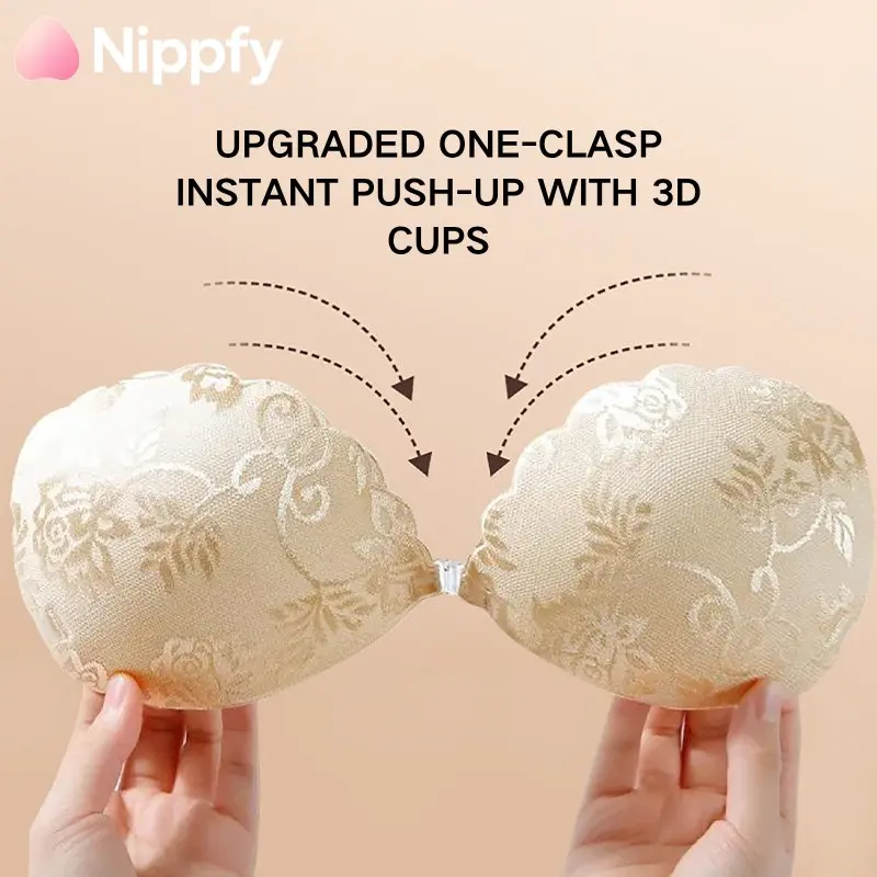Lace Floral Pattern Front Buckle Push-Up Adhesive Bra, Invisible Strapless Pasties, Seamless Gathering Bust Lifter for Bridal & Formal Wear