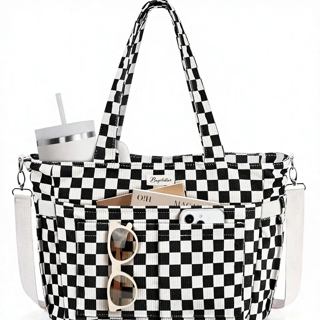 Women's Checkered Messenger Tote Bag - 17 Pockets, Laptop Compartment, 40 oz Water Bottle Holder, Zipper Closure