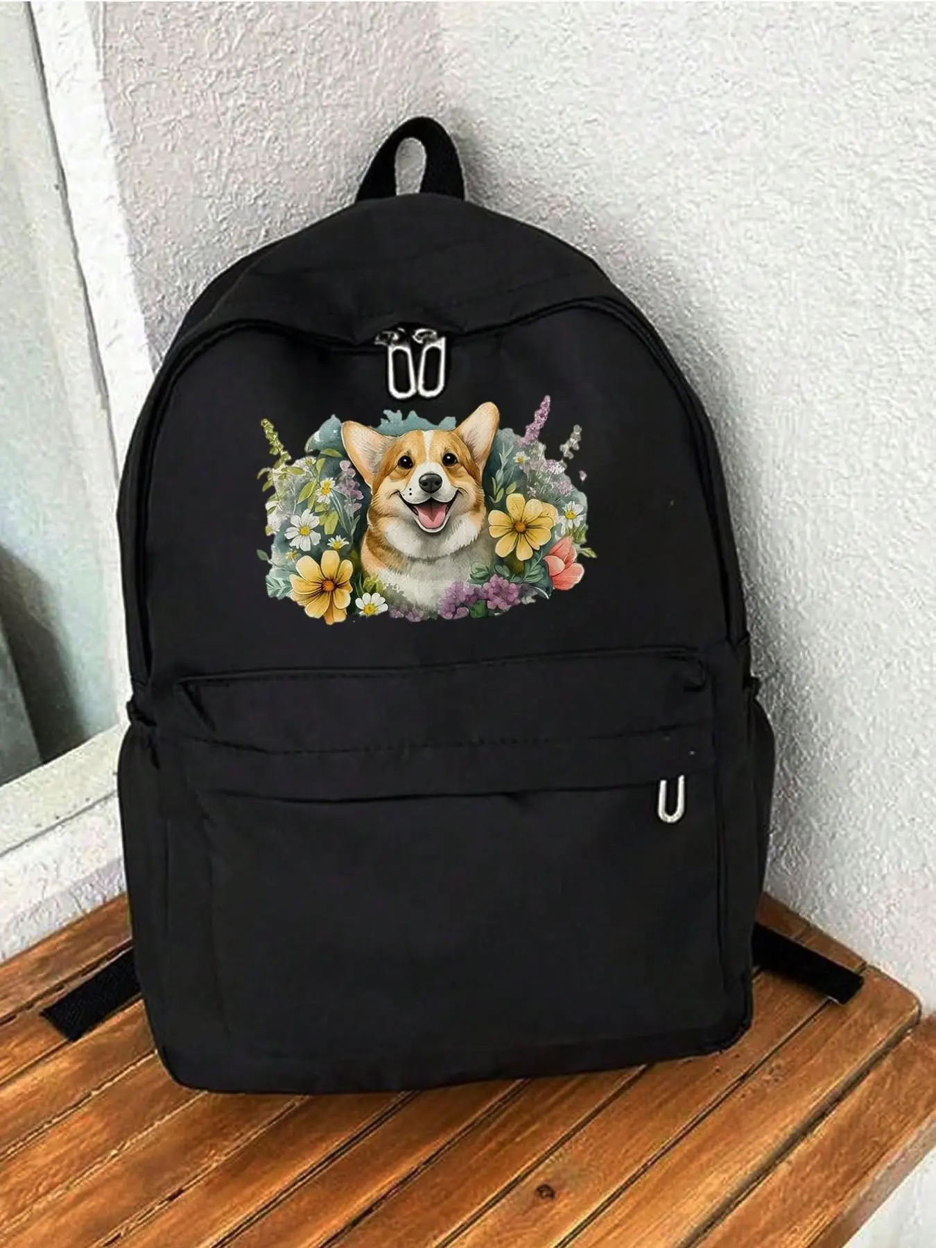 Cute Watercolor Floral Corgi Puppy Print Canvas Backpack, Large Capacity Lightweight Student Bag, Casual Travel Backpack for Teens