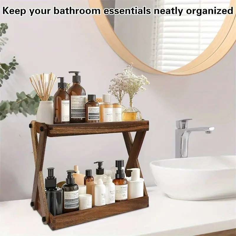 Double Layer Solid Wood Cosmetic Organizer Rack, Suitable for Living Room, Kitchen, Makeup Room, Bedroom, Office, Storage Shelf