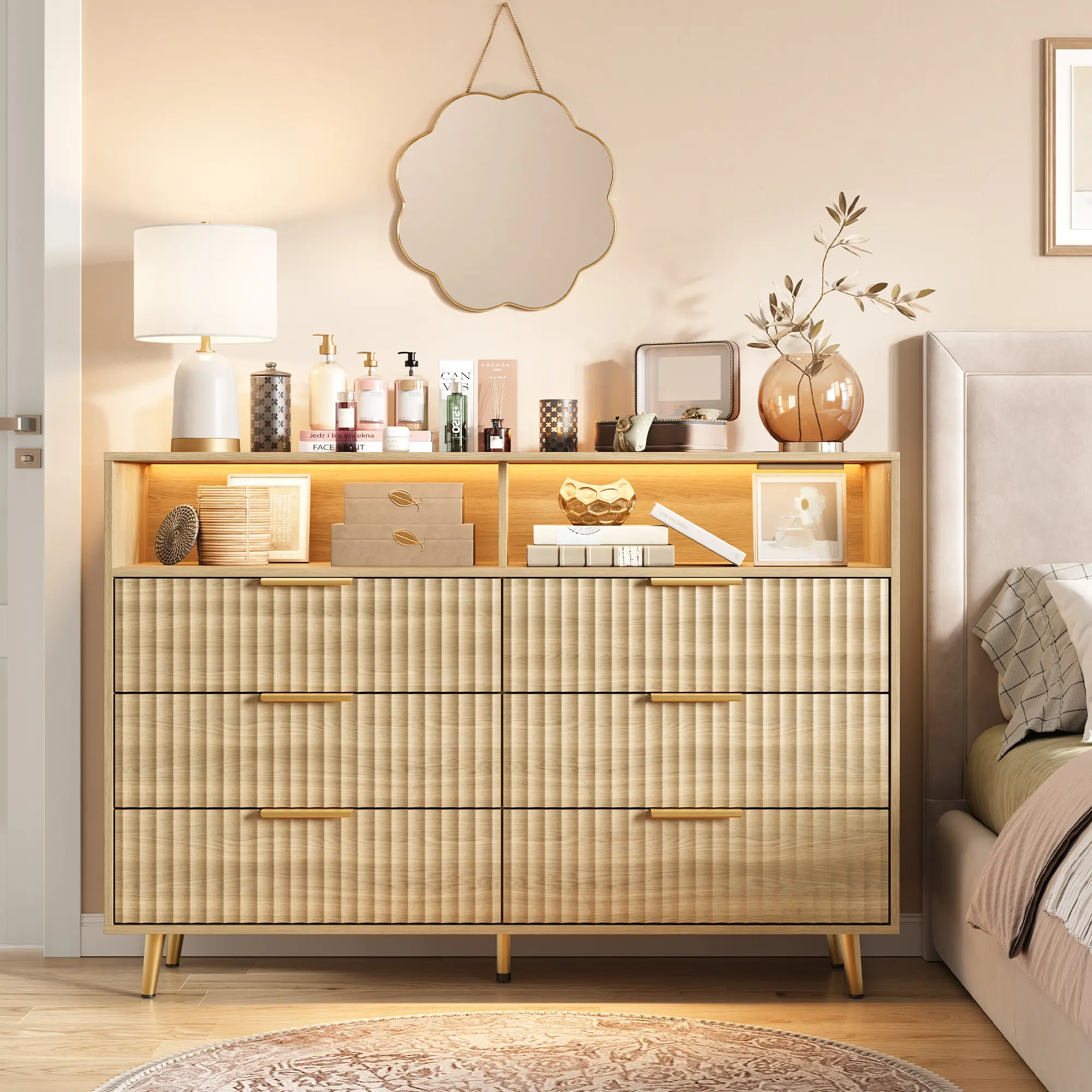 6 Drawers Dresser for Bedroom, 53.9" Wide Dressers with LED Lights and Charging Station, Curved Profile Design, Fluted Wood Drawers with Gold Handle, Modern Chest of Dressers for Living Room, Oak/Green/White/Black/Walnut