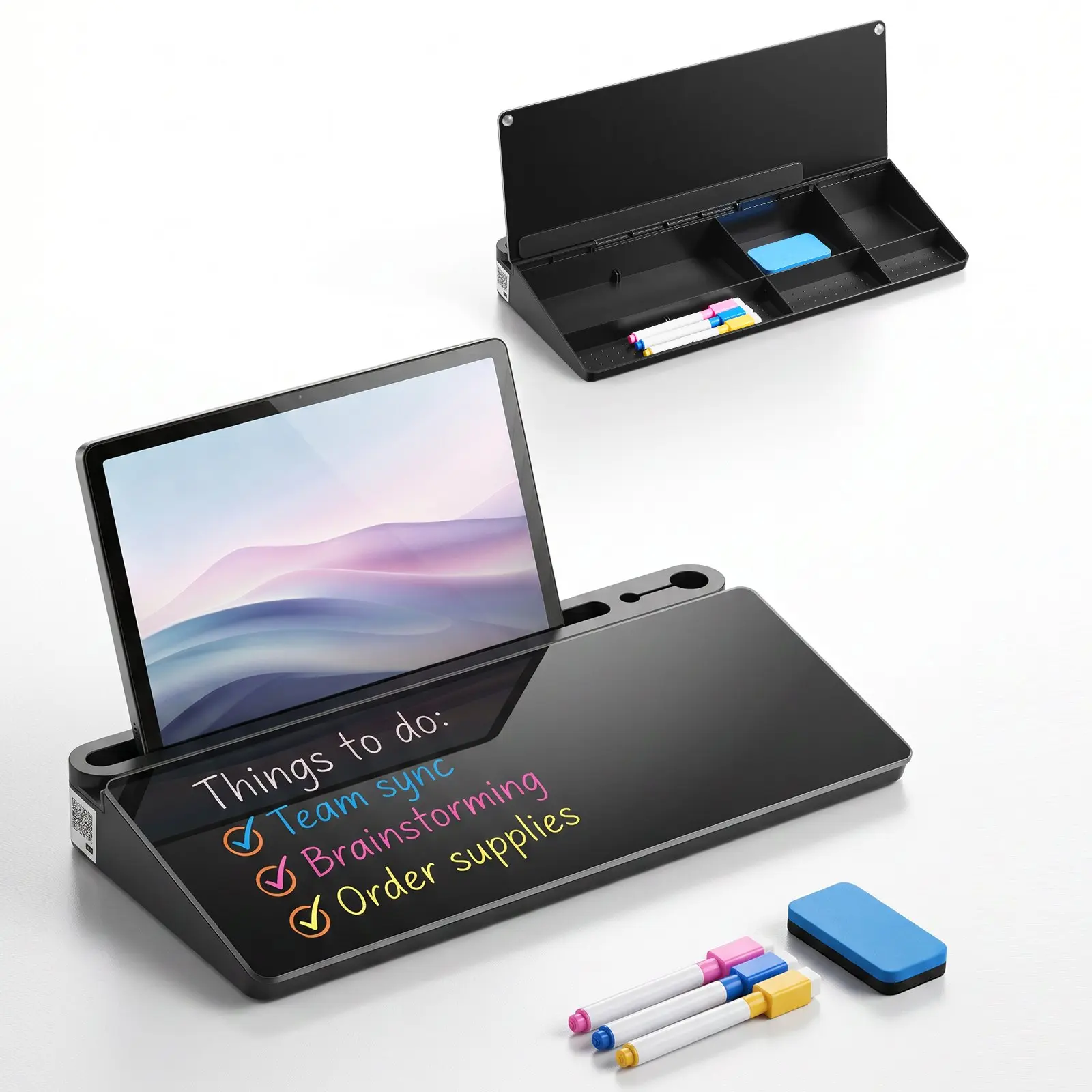 VEVOR Desktop Glass Dry Erase Board 15.8 x 7.1 x 1.9 in Desk Whiteboard, Compartment Storage, Non-Slip Bottom, Ergonomic Angled Design, Desktop Organizer for Office, Home, School Supplies, Black