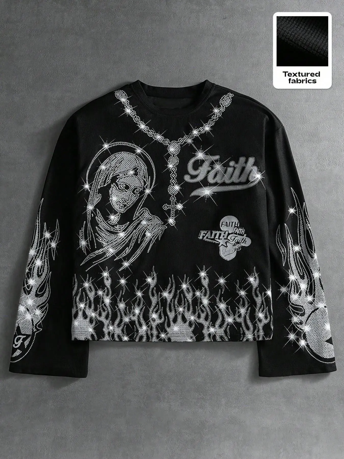 Men's Rhinestone Virgin Mary Long Sleeve Shirt Textured Fabric Cyber Y2K Streetwear Graphic Tee with Flame Print for Men Outfits