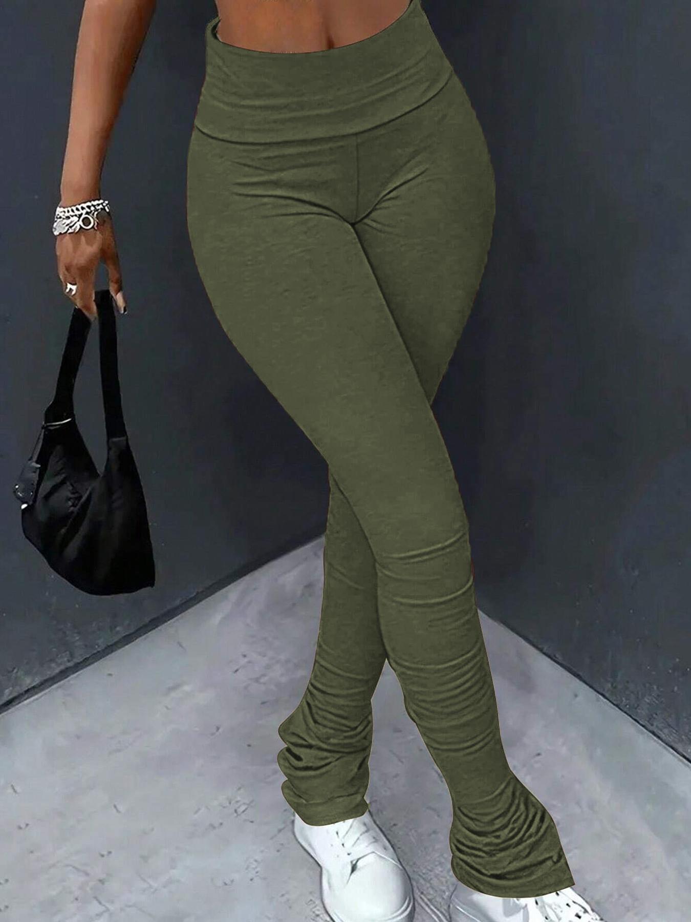 Women's Solid Ruched High Waist Skinny Pants, Casual Street Comfy Stack Trousers for Everyday Wear, Pants for Women, Ladies Bottoms for All Seasons