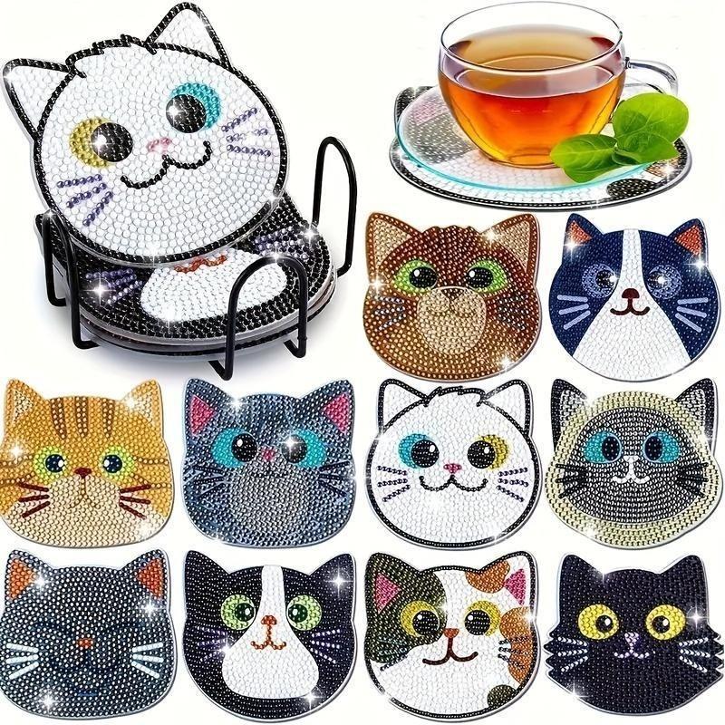 Cat-Themed Diamond Art Painting Coasters With Wooden Base, Diy Craft Kit For Beginners And Adults, Non-Slip Drink Pads For Home Table Decor, Ideal Handmade Gift And Daily Tabletop Accessory