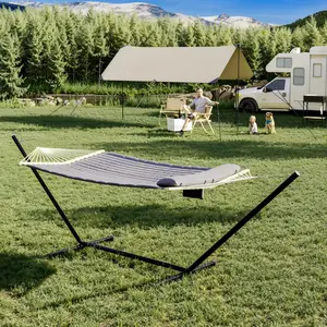 Sturdy Large Hammock with Steel Stand, 2-Person Outdoor Swing with Hardwood Bar, Weatherproof Material, 450lbs Weight Capacity, Portable Design for Backyard and Outdoor Areas