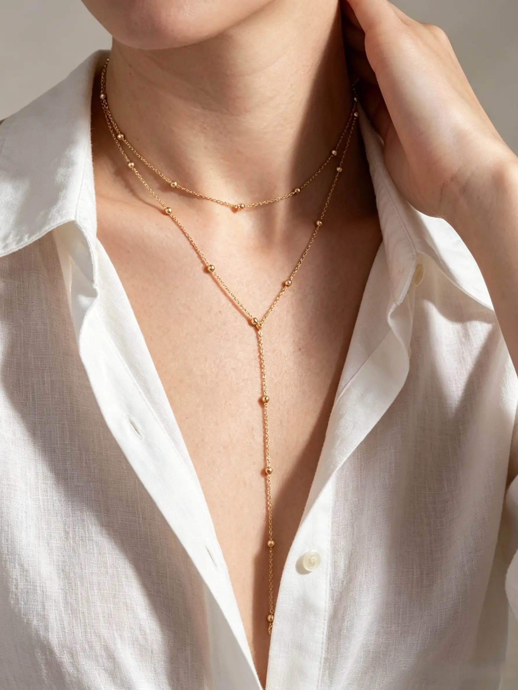 1pc Gold Plated Double Layer Beaded Y Drop Necklace Dainty Satellite Bead Layered Chain Long Lariat Necklace, Hypoallergenic Lariat Necklace, Stainless Steel Hypoallocated Jewelry Accessories Women Daily Wear Birthday Gifts