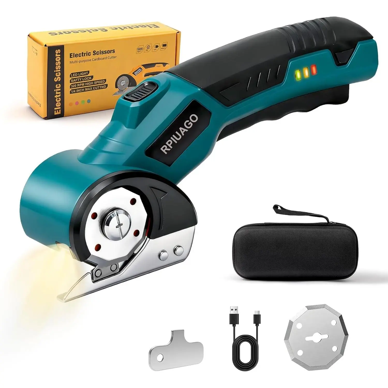 Rechargeable Electric Scissors 4.2V Cardboard Cutter with LED Light & Safety Lock 3000mAh Battery & 2 Rotary Blades Electric Box Cutter for Cardboard Fabric Leather Carpet Plastic (Blue)