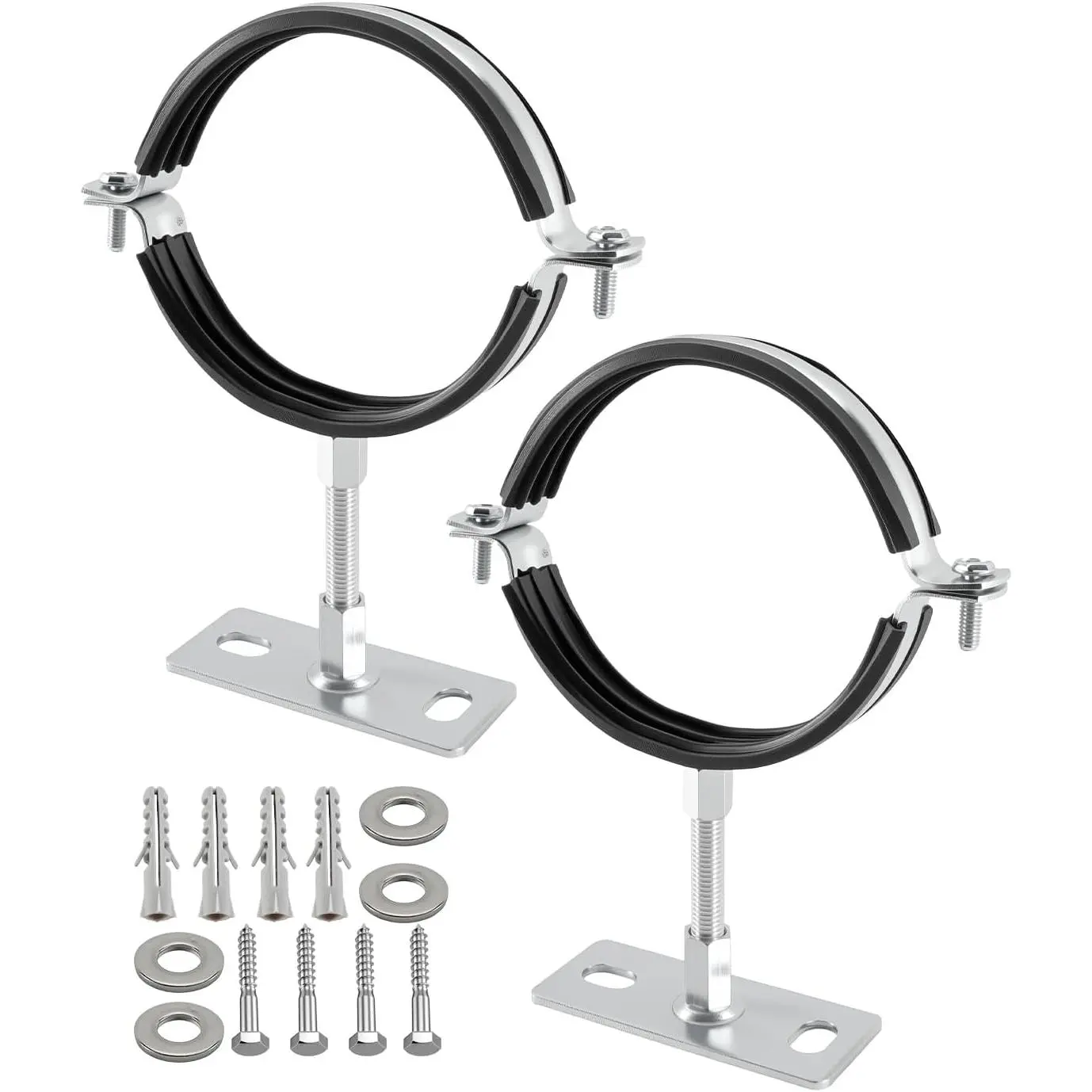 2 Pack 4 Inch Pipe Support Clamps Mount with Rubber Pad, Industrial Galvanized Steel Hanger Brackets for Ventilation & Drainage Systems