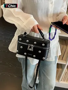 Women's Solid Color PU Square Bag, Fashion Rivet Decor Handbag, Fashionable Crossbody Bag, Cool Shoulder Crossbody Box Bag, Pu Leather Bag, Fashion Bags, Perfect for Shopping and Gifts