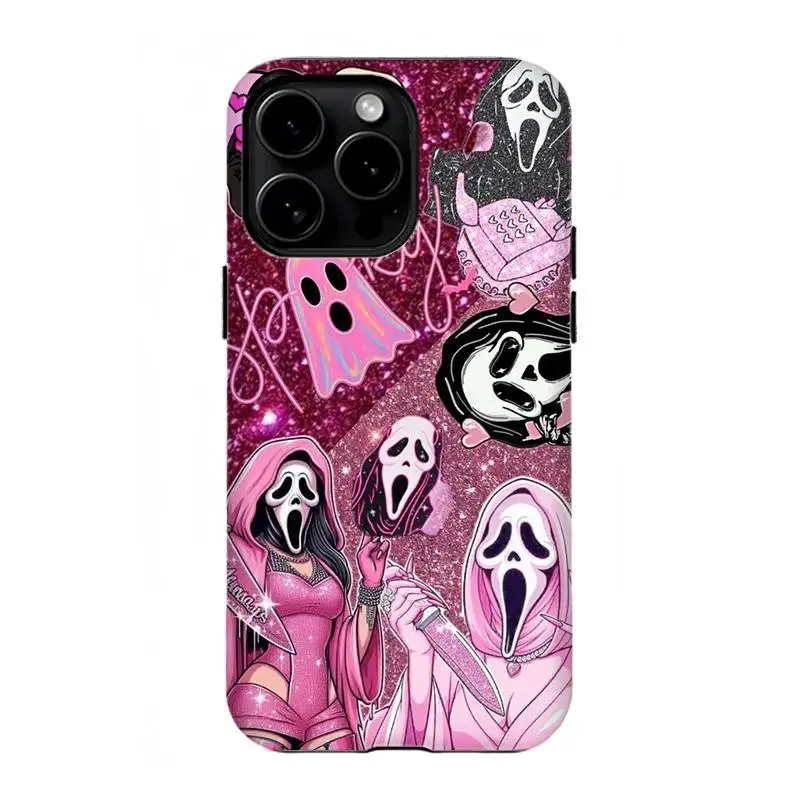 Glitter Pink Ghostface Party Phone Case - Cute, Spooky Horror Collage Cover with Protection, Phone Accessories for iPhone 11-17 Pro Max/Plus, Samsung Galaxy S23-25, Safety
