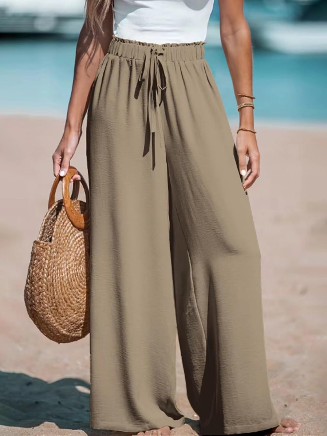 Womens Wide Leg Pants High Waisted Trousers Linen Palazzo Loose Fit Lounge Beach Flowy Pants
