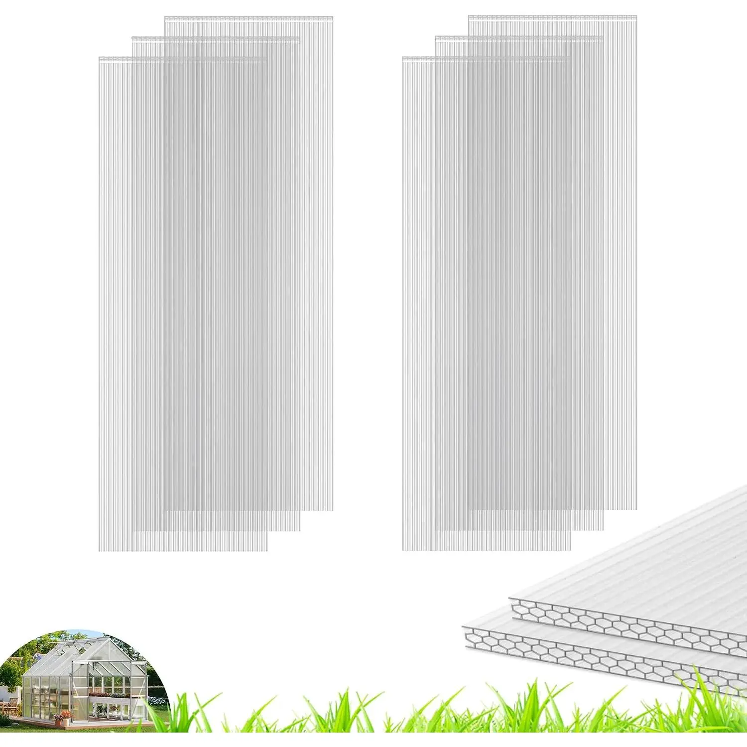 6 count Polycarbonate Greenhouse Panels, 4' x 2' x 0.32'' Three-layer  Panels Polycarbonate Sheet, Clear  UV Protected Corrugated Plastic Roof Panels for Greenhouse
