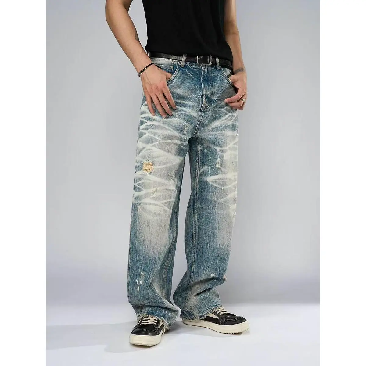 Men's Straight-Leg Ripped Jeans - Comfortable Baggy Pants for Edgar Style
