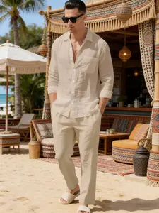 Men's Plain Linen Set Beach Holiday Vacation Oversized Shirt Casual Long Pants Suit 2026 Beach Holiday Vacation 2026 Spring Fall Fashion New in Solid Color Regular Fit
