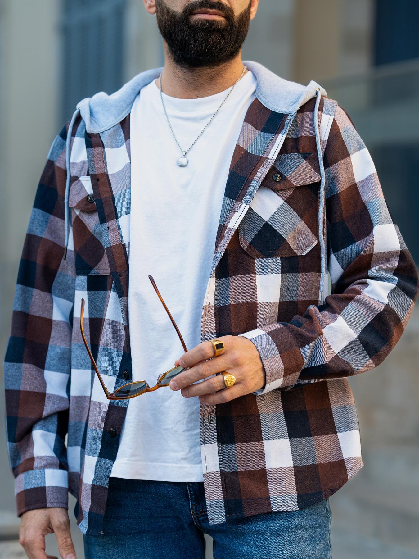 Men's Plaid Button-Front Drawstring Hooded Shirt, Regular Fit Casual Long-Sleeve Outerwear with Pockets for Spring and Fall, Men's Clothes for Daily Wear