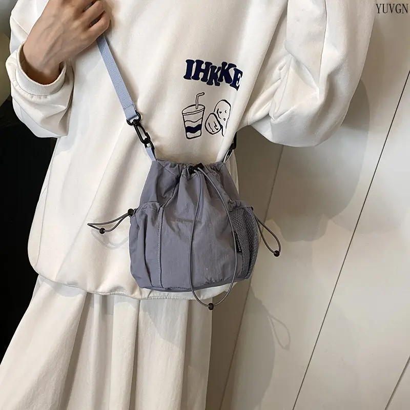Women's 2026 Lightweight Nylon Fabric Drawstring Strap Bucket Crossbody Bag - Sporty Gym Bag with Mesh Compartments, Casual Mini Purse for Travel Hiking, Mesh Compartments Shoulder Bags