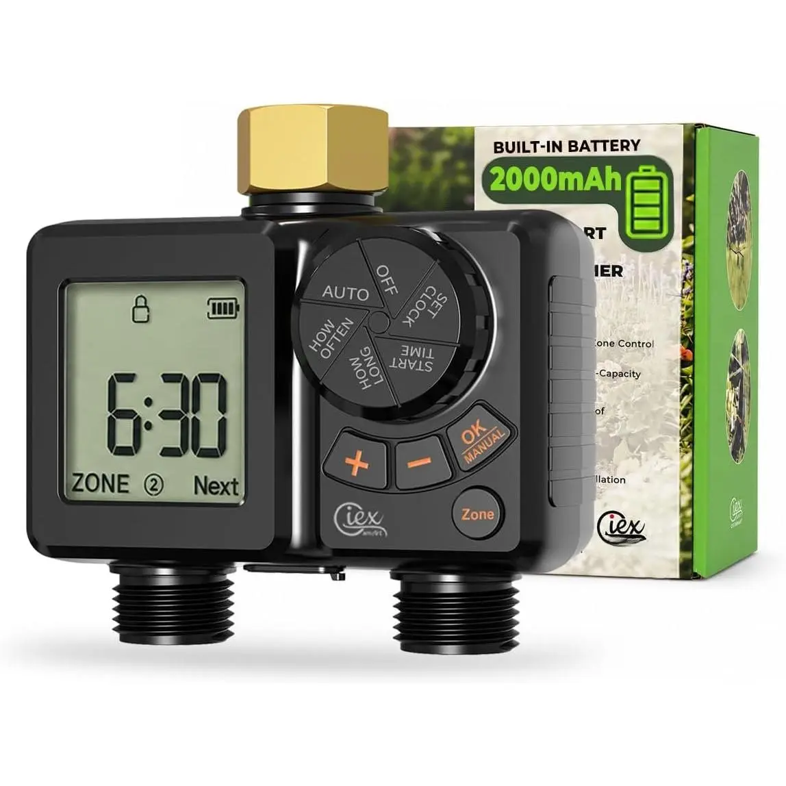 GIEX Rechargeable Sprinkler Timer 2 Zone, Programmable Water Hose Timer 2 Outlet with Brass Inlet, -in Rechargeable , Rain Delay & Manual Watering for Garden, Lawn, Yard