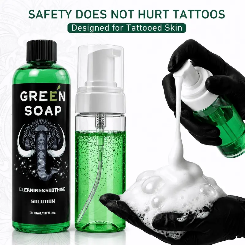 Green Tattoo Soap 30/300ml, ultra-concentrated and 100ml foam bottle kit, green vegan soap formula, professional tattoo and piercing skin cleanser, foam soap, foam cleanser, tattoo supplies, ideal for tattoo artists and beginners
