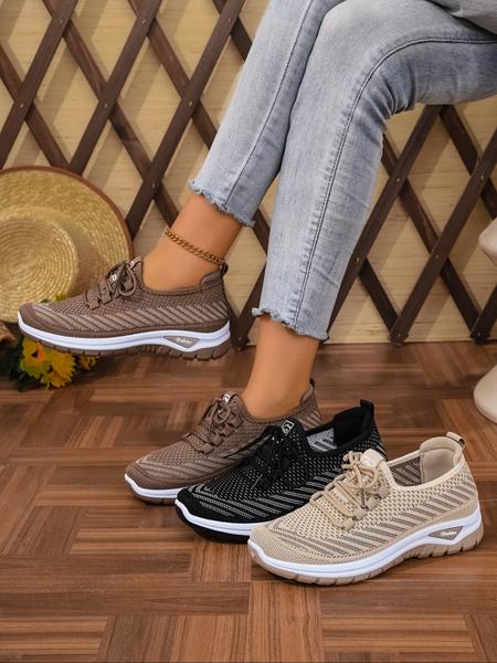 Women's Plus Size Casual Sneakers, Knitted Running Shoes, Lightweight Comfortable Travel Running Shoes, Low Top Anti-Slip Lace-Up Sports Shoes for Outdoor Activities