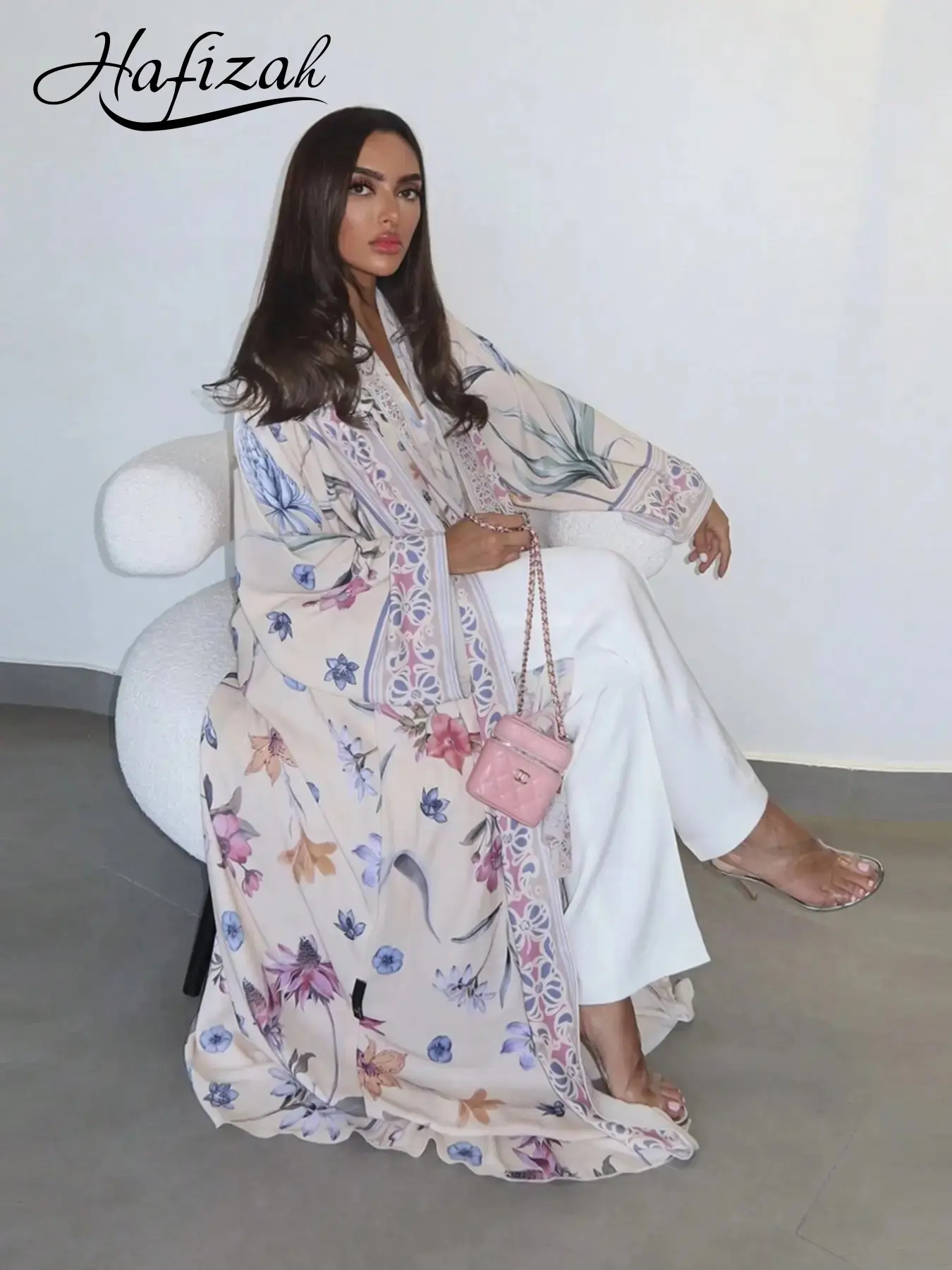 Watercolor Floral Lace Trim Long Cardigan Scarf Set, Loose-Fitting Outerwear for All Seasons, Women's Vacation & Commute Fashion, Clothes