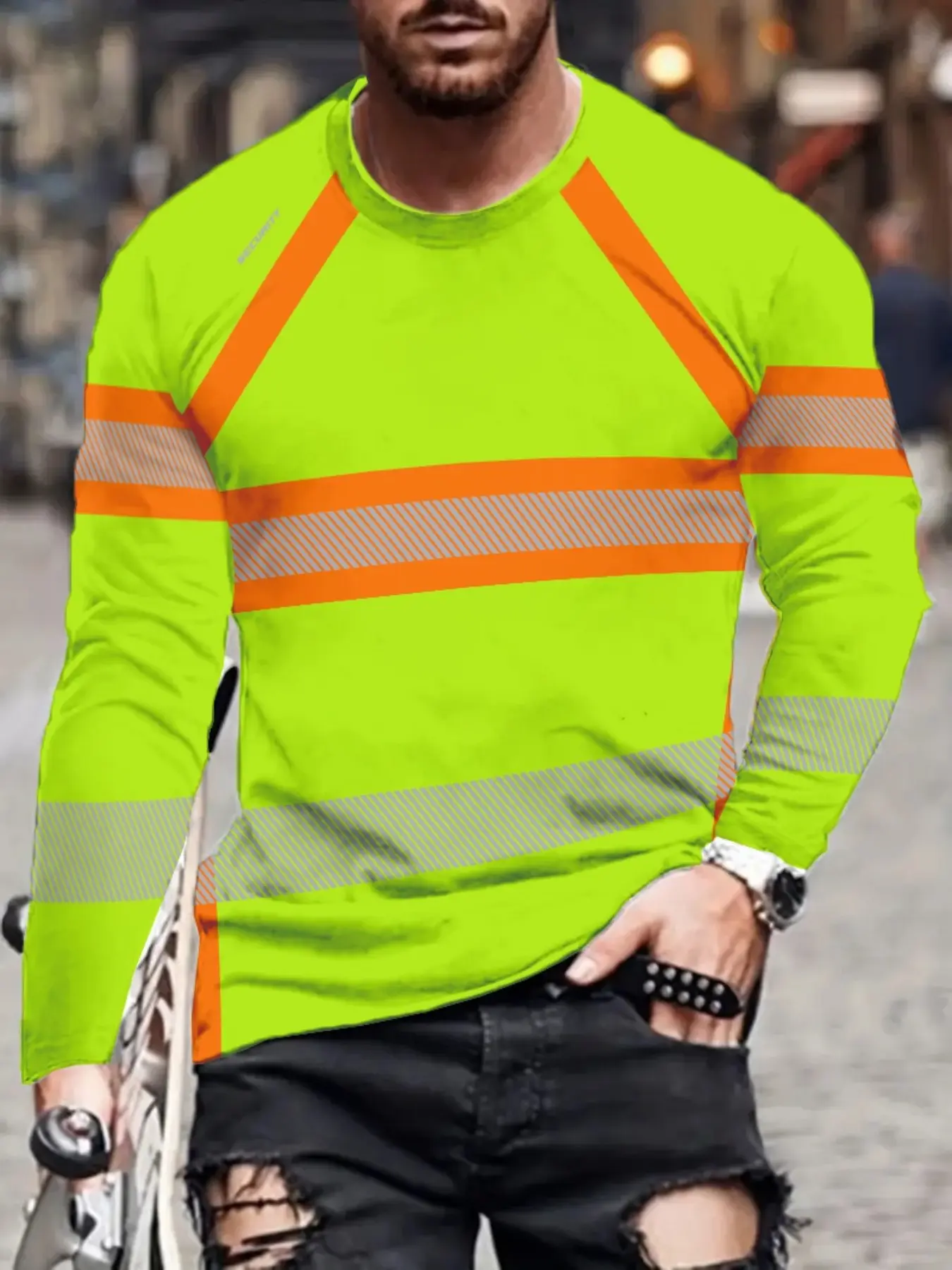 Trendy men's 3D color-blocked patterned long-sleeved T-shirt, versatile crew neck pullover, streetwear, men's top.