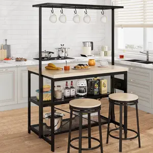 Multi-Functional Kitchen Island Bakers Rack with Storage & Power Outlet – 3-Tier Microwave Stand, Coffee Bar Table with 5 Hooks – Modern Space-Saving Kitchen Furniture for Dining & Living Room, No Chairs