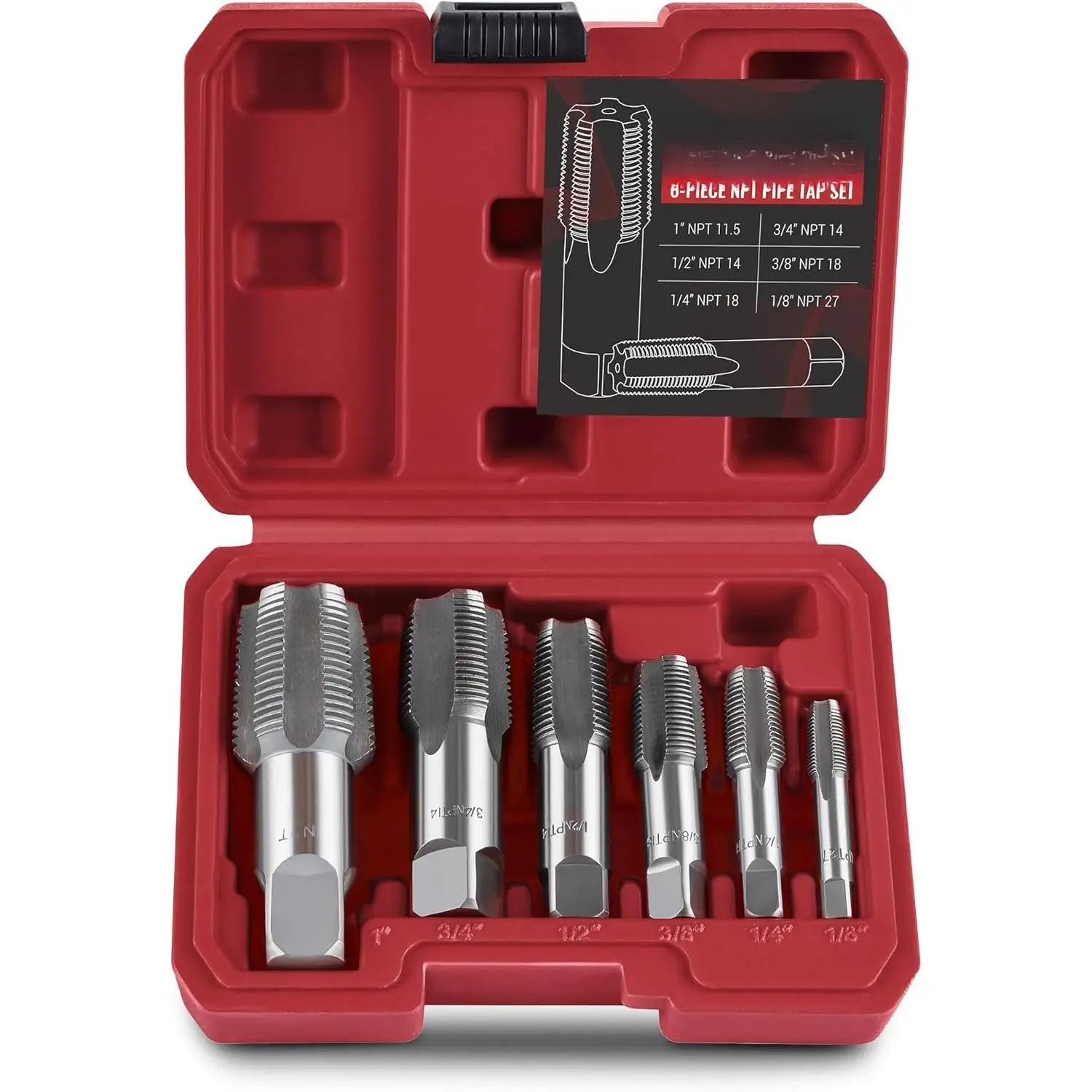 6- NPT Pipe Tap Set, 1", 3/4", 1/2", 3/8", 1/4", 1/8" NPT Tap Set, Precision 52100 High-Carbon Chrome Steel Hand Threading Plumbing Tap Set for Clean Accurate Threads