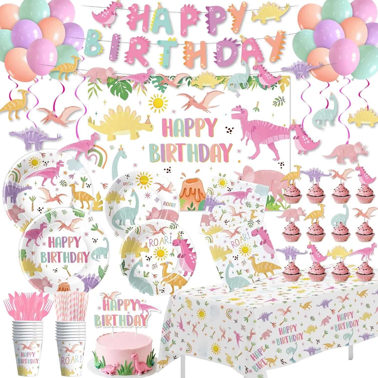 Dinosaur Birthday Decorations Girls, Pink Dinosaur Party Supplies for Birthday Baby Shower, Plate, Cup, Napkin, Cutlery, Tablecloth, Swirl, Banner, Cake Topper, Dino Backdrop, Balloon, Serve 24