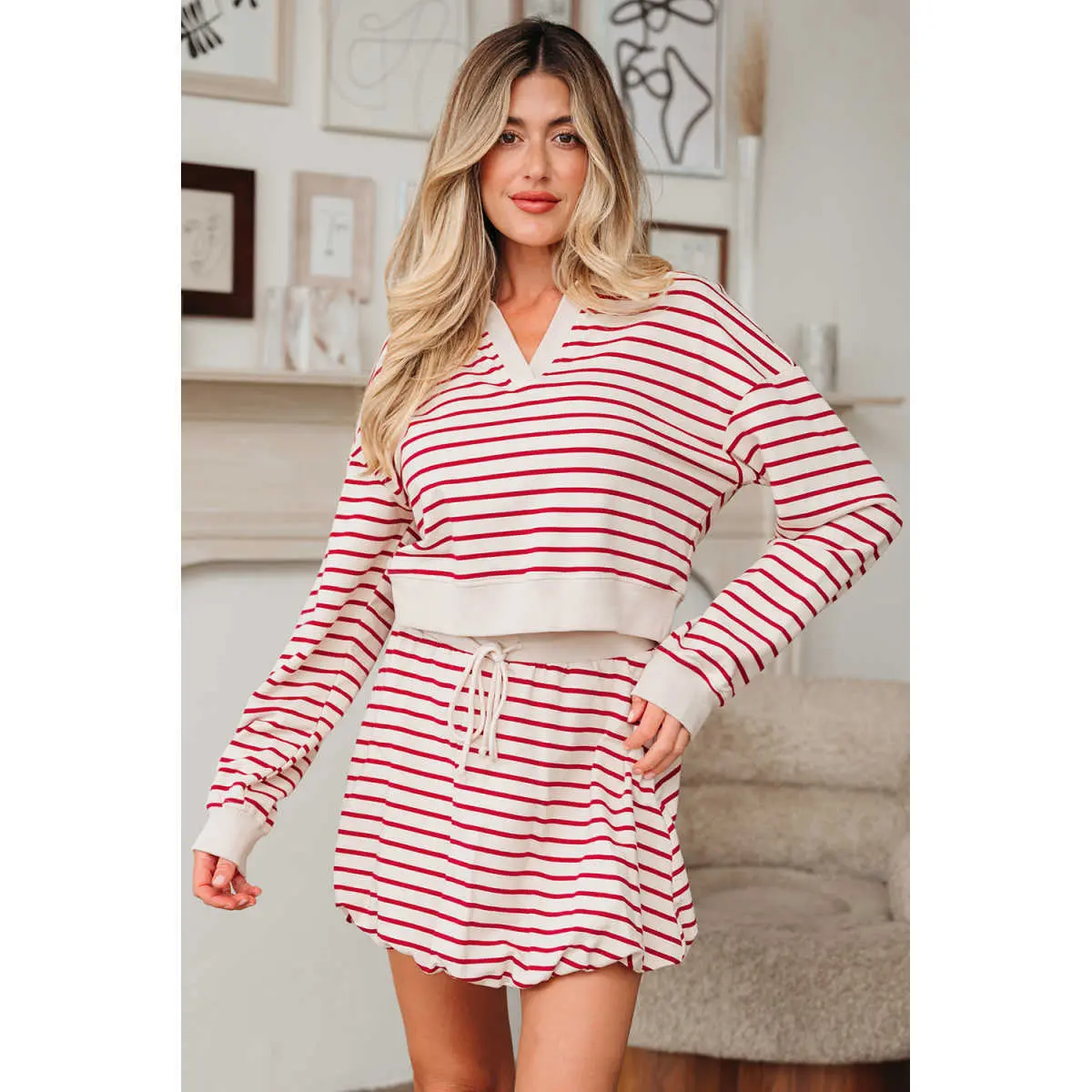 Red Stripe Cropped Collared Drop Shoulder Pullover and Bubble Mini Skirt Set