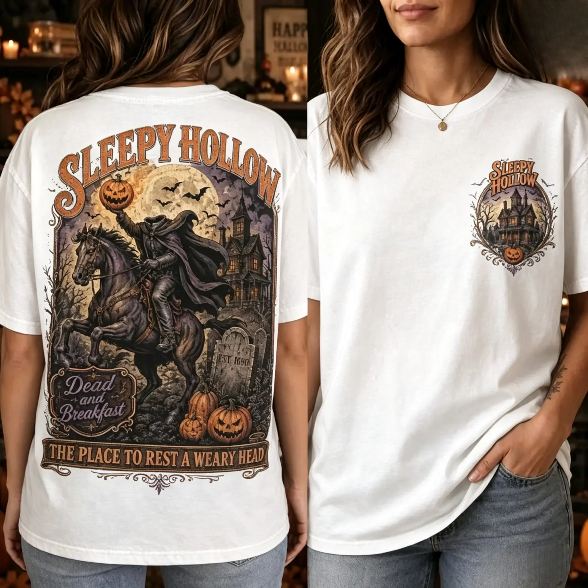 Women's Retro Sleepy Hollow Cotton T-Shirt - Shortleeve, Breathable, Casual Fabric, Headless Horseman Pumpkin Moon Front and Back Prints, Spooky Halloween Graphic Tee, Shortsleeve, Round Neck
