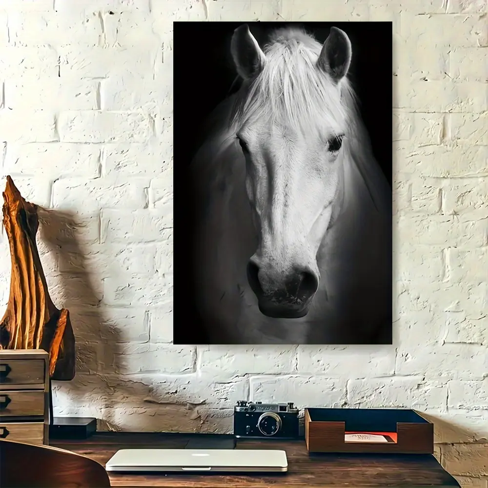 2D Flat, 1 Piece Elegant White Horse Portrait Wall Art - Black and White Framed Canvas Print, Modern Retro Vertical Horse Painting with Surrounding Wooden Frame, Monochrome Equestrian Decoration, Suitable for Bedroom, Office - Easy to Hang Horse Painting,