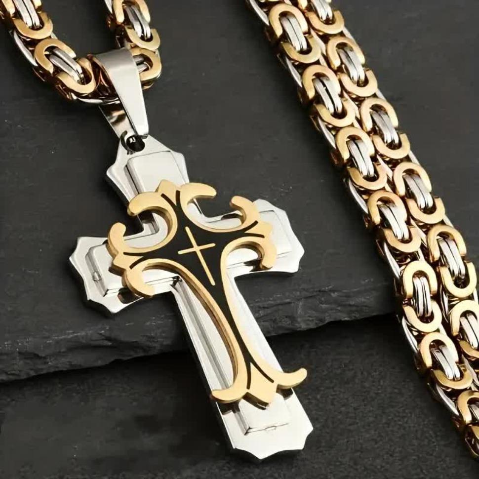 FINREZIO 1 Count Unisex Vintage Handmade Multi-layered Necklace 18k Gold Plated Stainless Steel Cross Pendant Necklace Jewelry