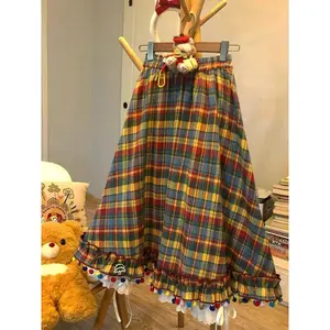 Kawaii Vintage Cute Plaid A-line Skirt Women Design Chic Elastic Waist Patchwork Skirt Female Fashion Pretty Loose Skirt Y2k