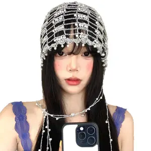 Women's Boho Dainty Pearl Fringe Hollow Crochet Elastic Mesh Fabric Head Cap - Lightweight Breathable Casual Beach Headpiece for Vacation & Photoshoot