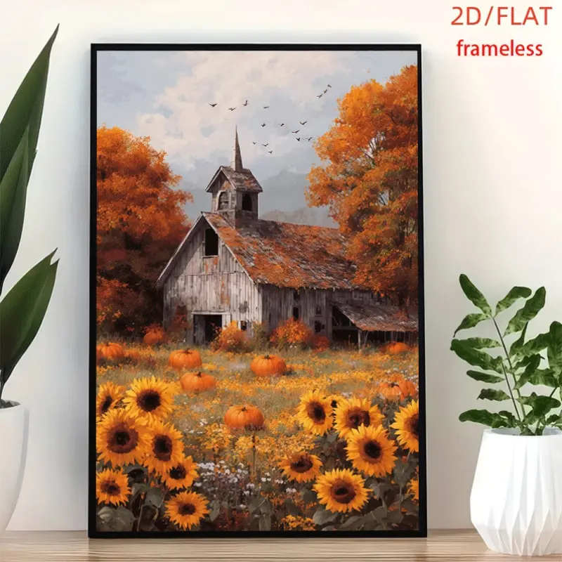 frameless Autumn Farm Pumpkin Sunflower Barn Poster Art Decor Print Poster, Wall Art for Living Room, Bedroom, Office, Dining Room & Bar, Perfect Gift & Home Decor, 12in x 16in